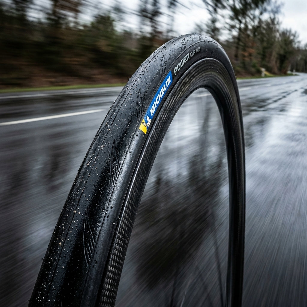 Michelin Power Cup TLR schwarzer faltbarer Fahrradreifen auf Carbonfelge in Fahrt auf nasser Straße.