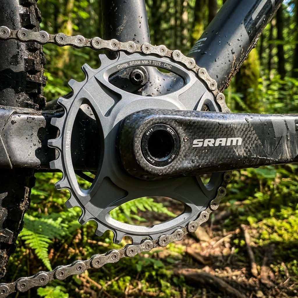 Graues Stronglight Kettenblatt 34Z für Sram MTB 1x11 direct mount mit 6mm Offset am Fahrrad.