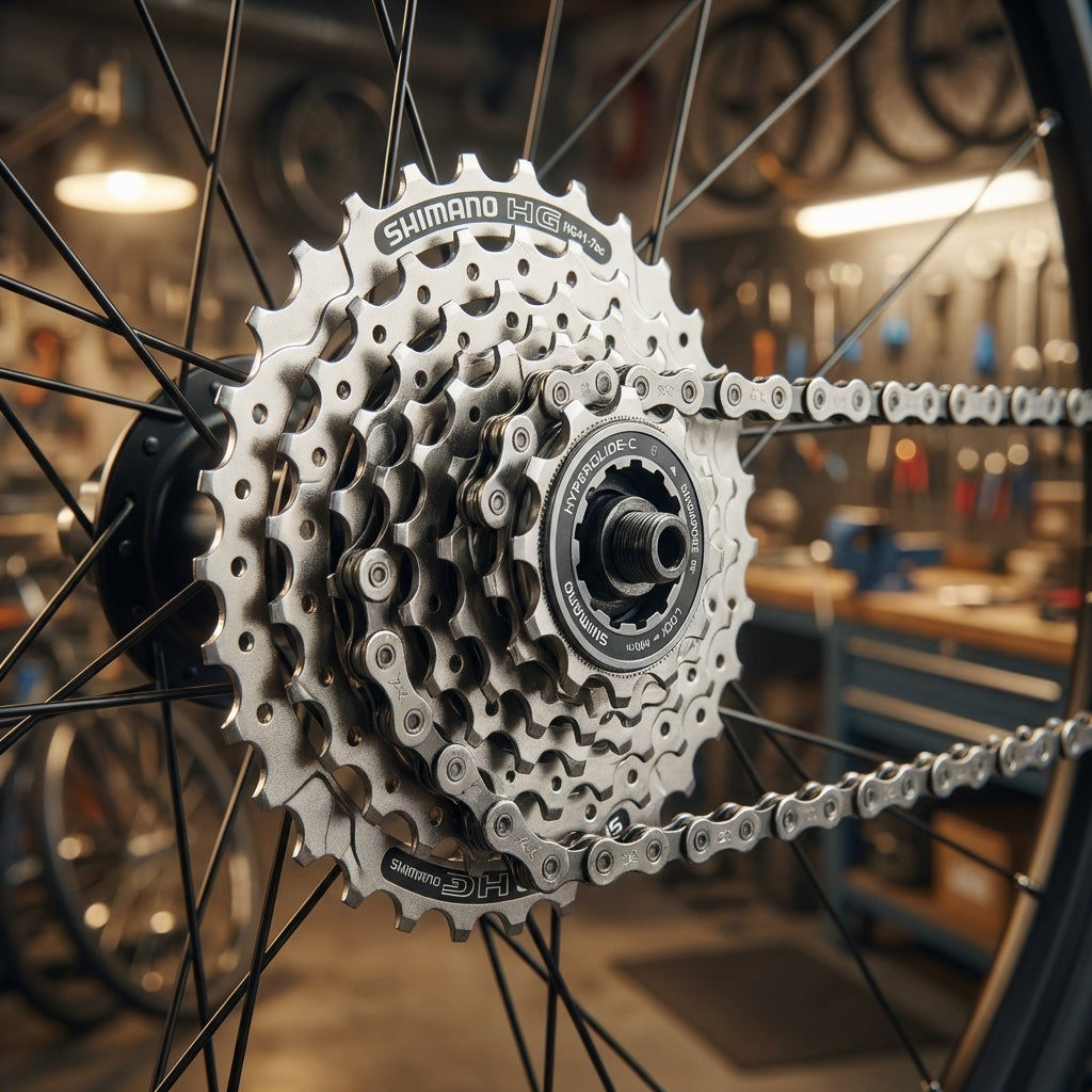 Shimano CS-HG41 7-fach Kassette mit 11-28 Zähnen montiert auf einem Fahrrad-Hinterrad.