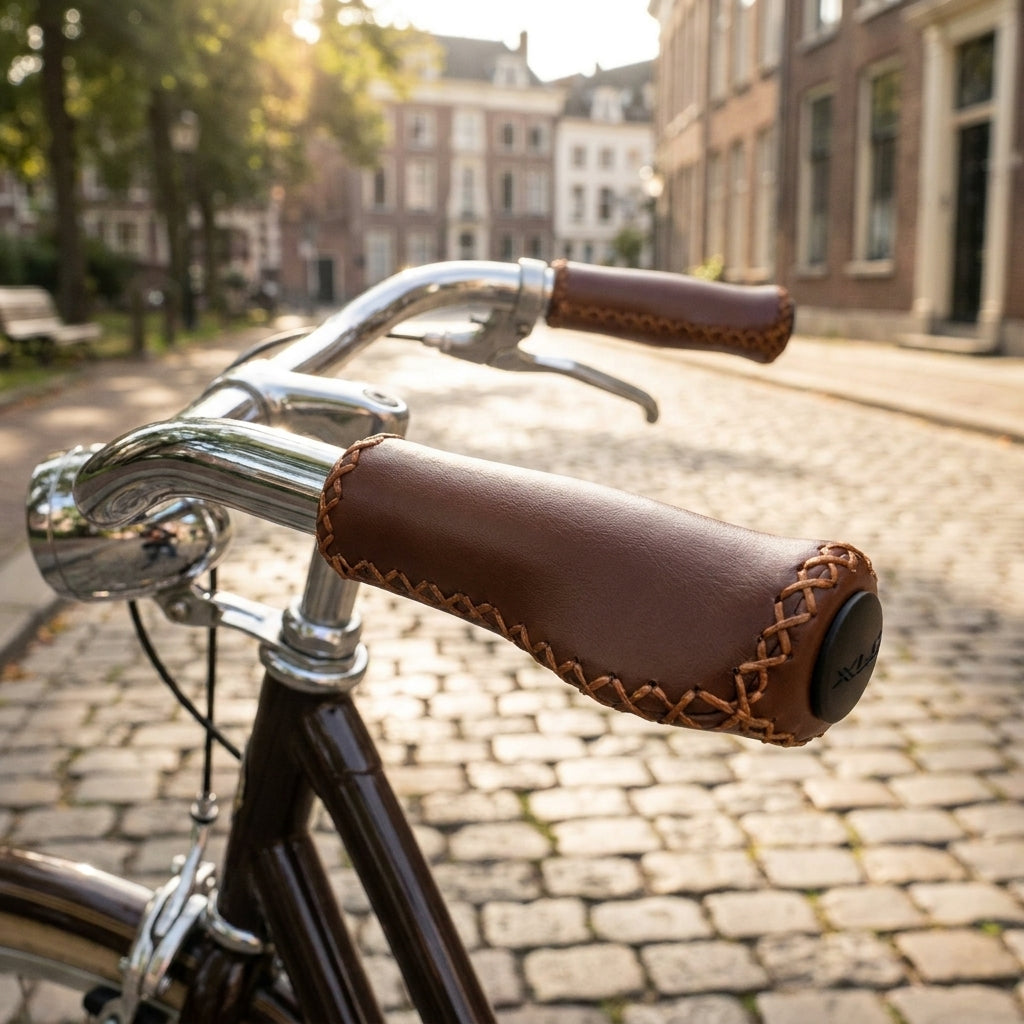 XLC GR-G11 Fahrradgriffe braun Lederoptik mit Ziernaht auf urbaner Kopfsteinpflasterstraße.