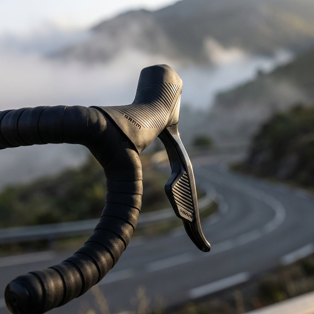 SRAM Rival AXS Schalt/Bremshebel D1 rechts am Rennrad-Lenker mit kurviger Bergstraße und Nebel im Hintergrund.