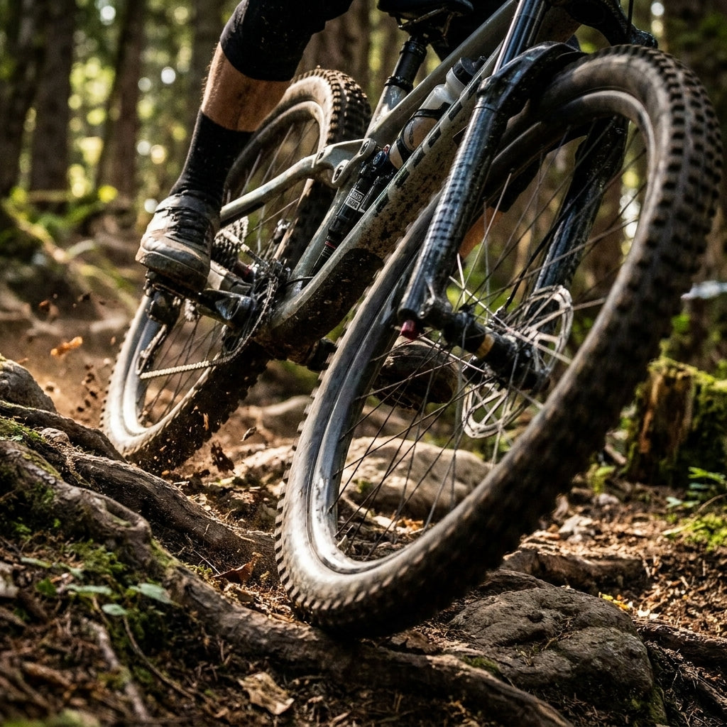 Mountainbike mit RS Super Deluxe Dämpfer in Aktion auf anspruchsvollem Wald-Trail mit Wurzeln und Felsen.