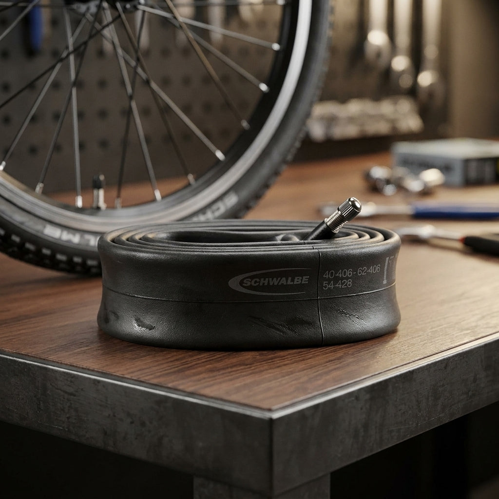 Schwalbe Fahrradschlauch AV7 40/62-406 AGV 40mm auf Werkbank, Fahrradlaufrad im Hintergrund.