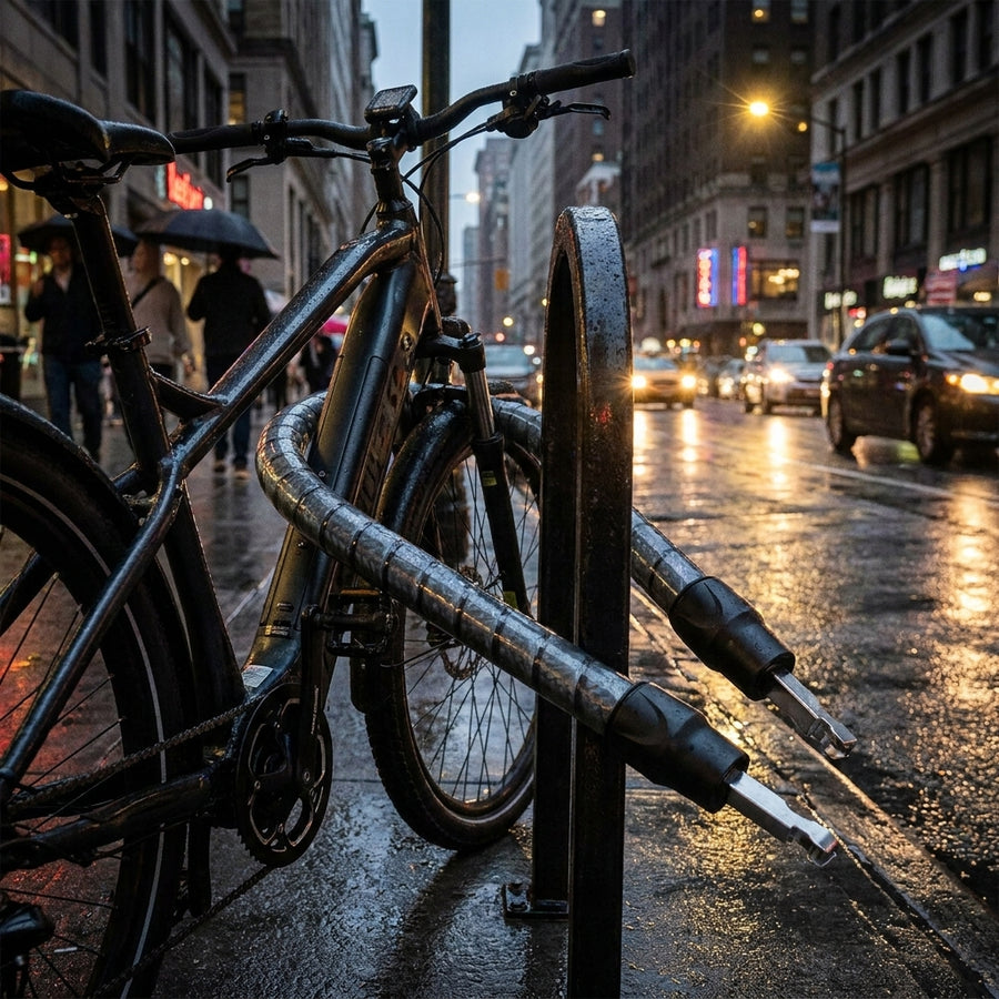 Onguard Revolver Panzerkabeleinheit 8182 sichert E-Bike an Fahrradständer im Regen.