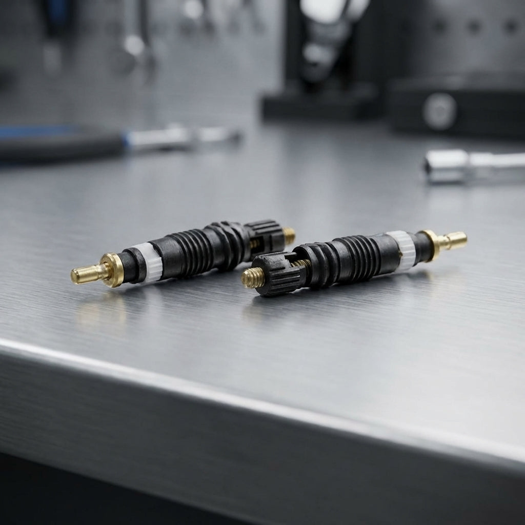 Schwalbe SV V002 Sclaverand Ventileinsätze schwarz, Ersatzteil für Presta-Ventile auf Werkbank.