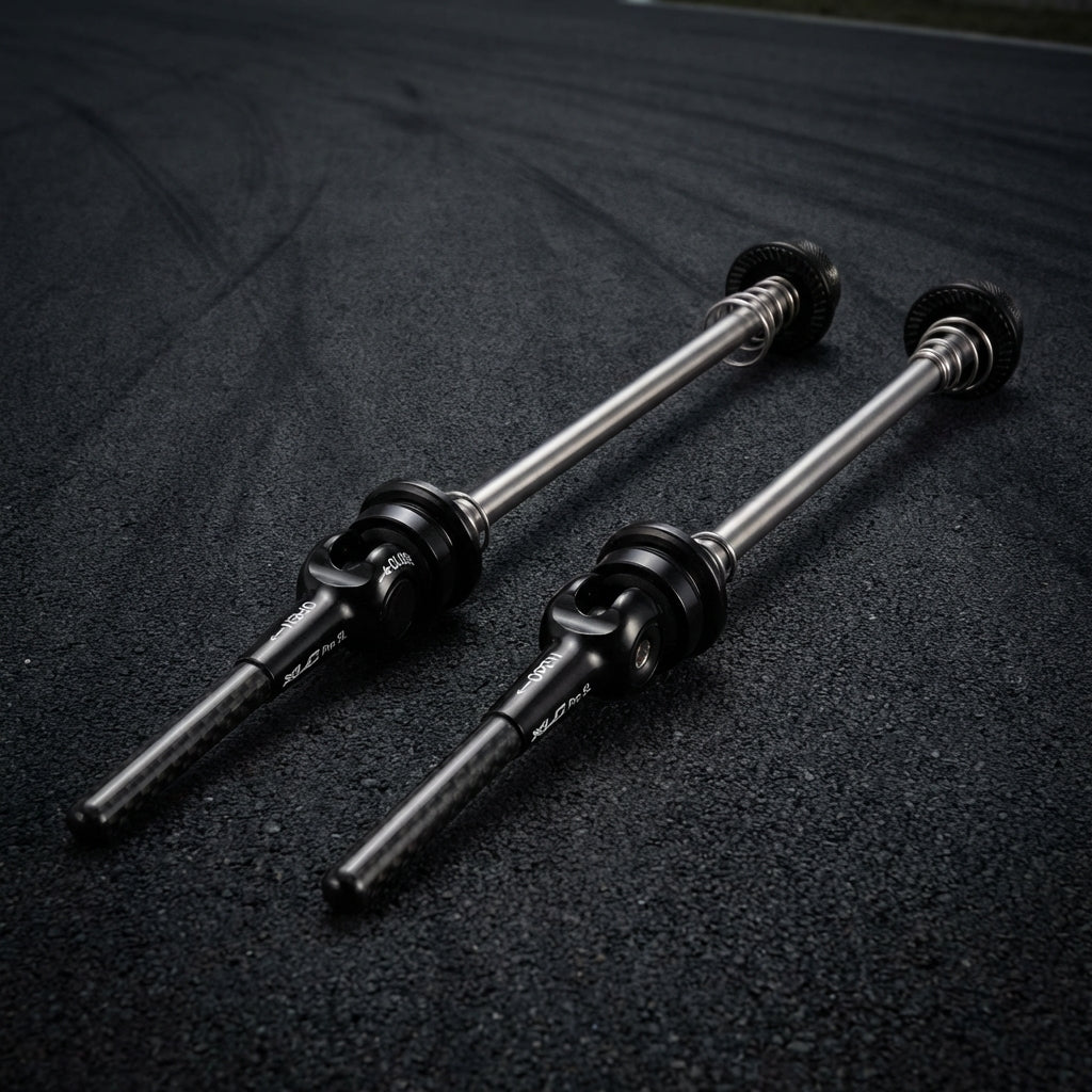 XLC Pro SL Road Schnellspannset QR-L04 für Rennräder, silberne Achsen, schwarze Carbonhebel auf Asphalt.