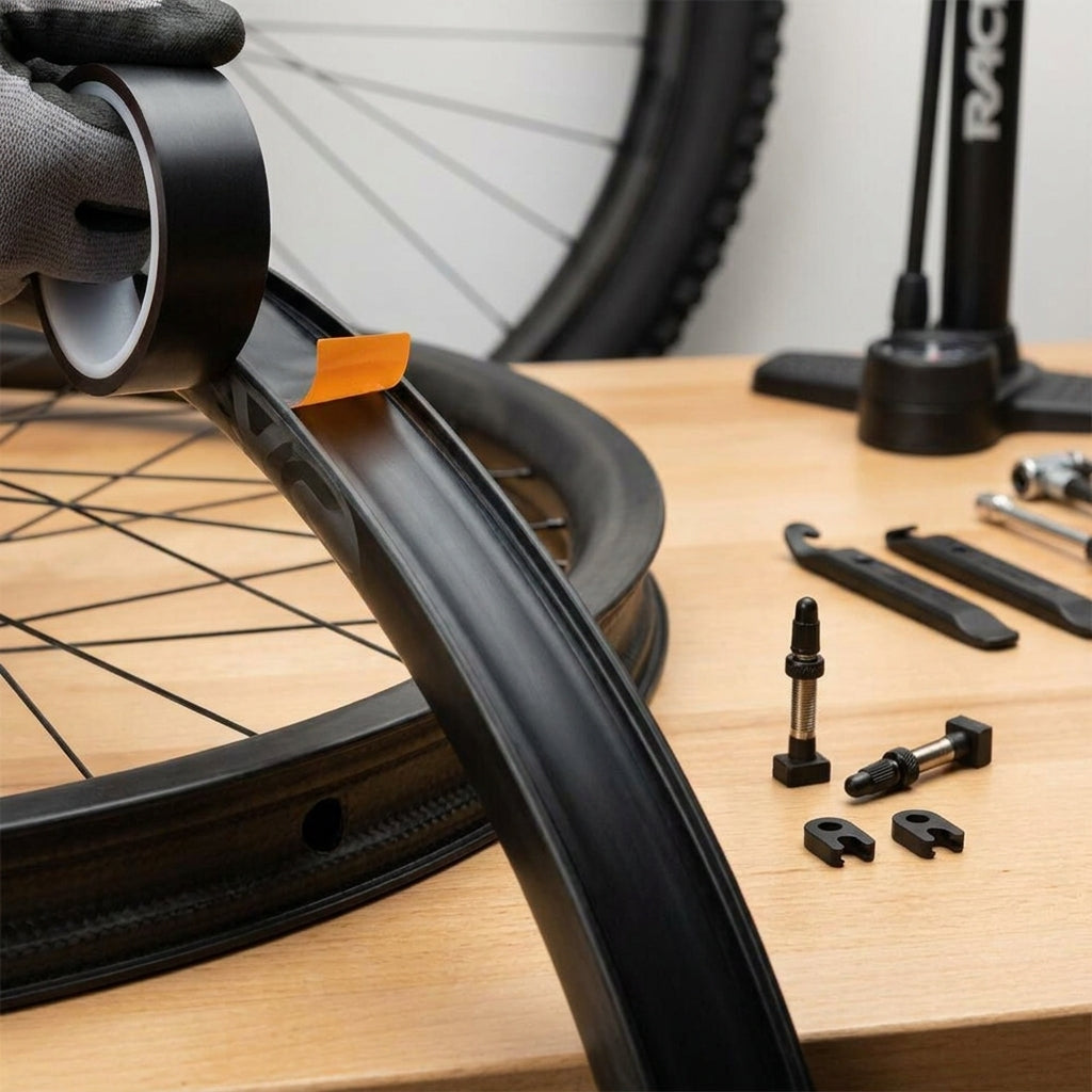 Race Face Tubeless Kit 10m x 37mm: Schwarzes Tubeless-Band auf Fahrradfelge für zuverlässige Dichtung.