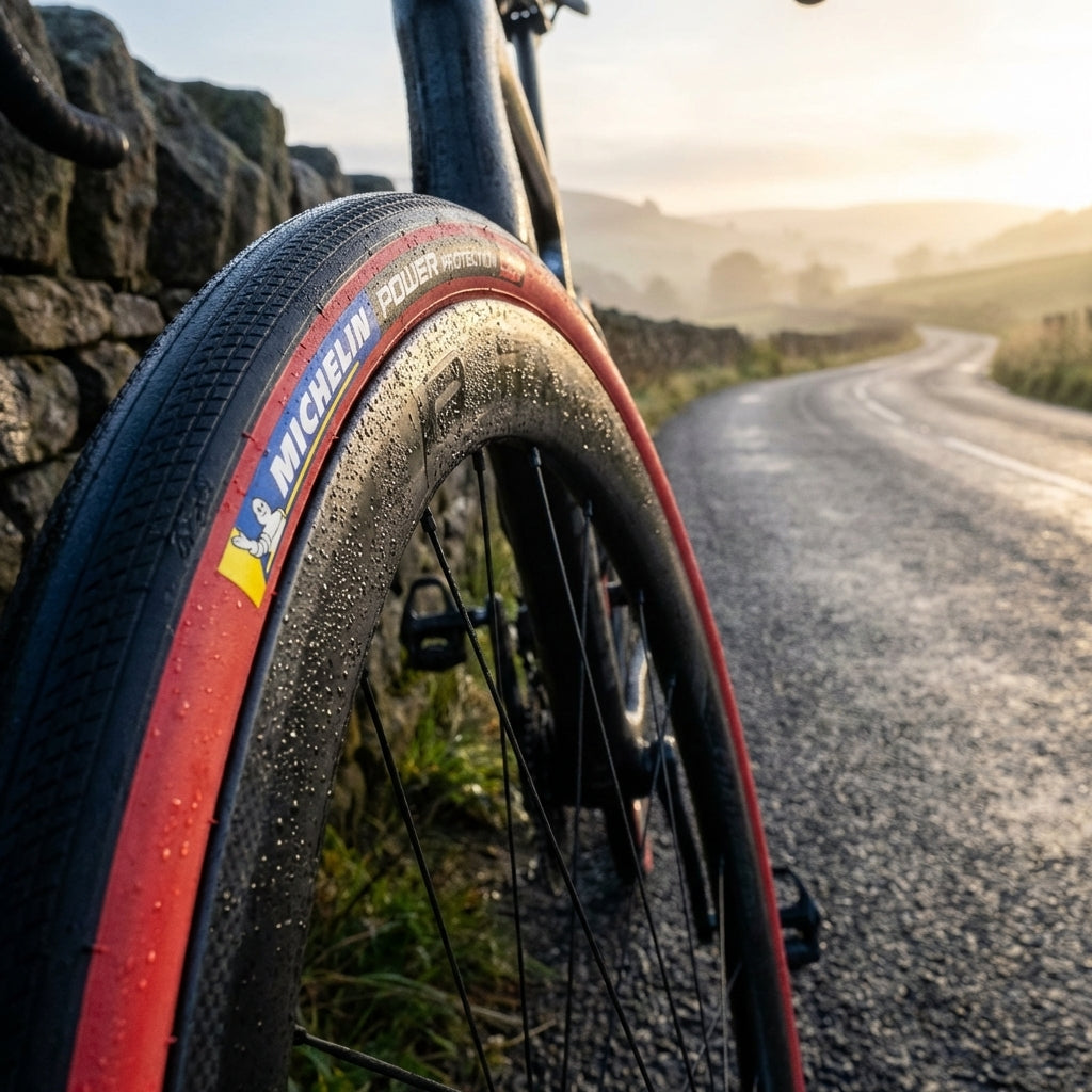 Michelin Faltreifen Power Protection Comp MAGI-X 32 rot auf nassem Fahrrad, maximaler Grip & Pannenschutz.