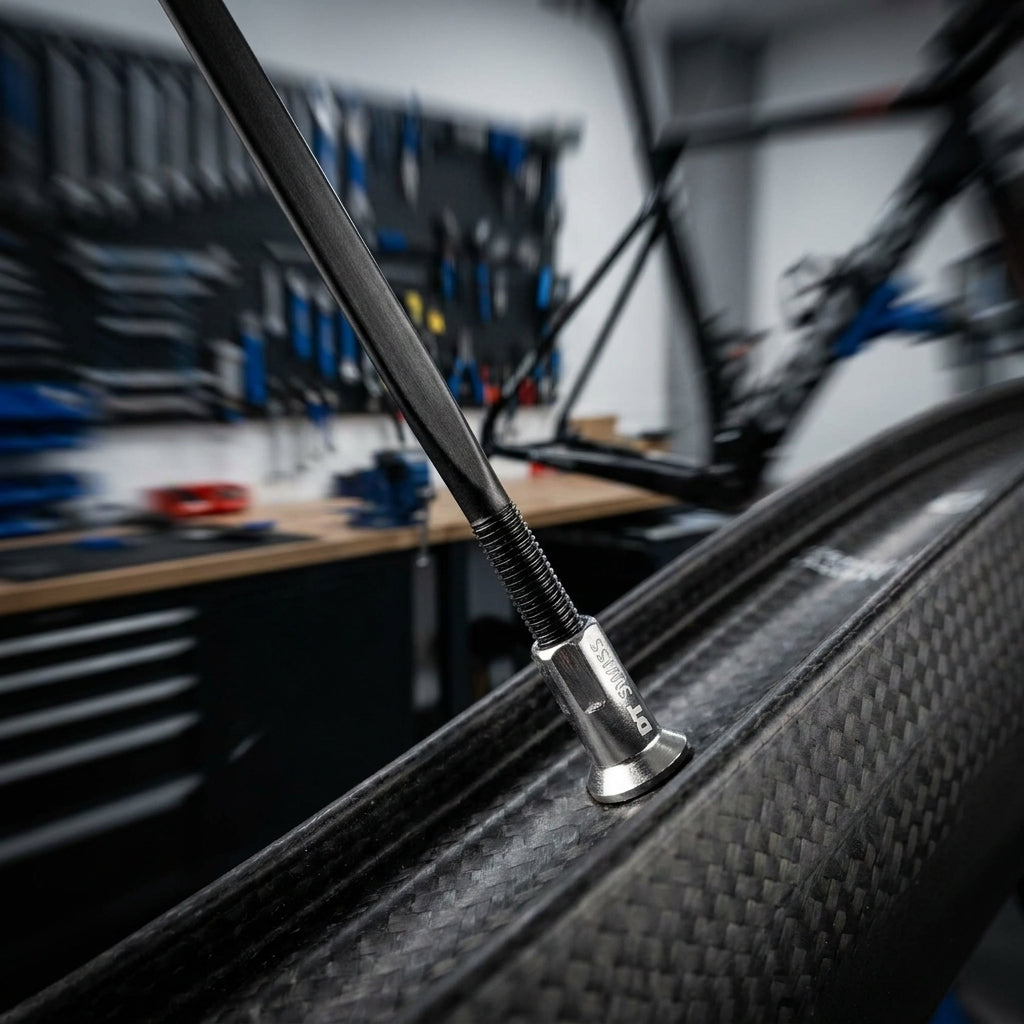 DT Swiss Speichenkit schwarz für CRC 1400 SPLINE Disc: präzise Speichenmontage an Carbon-Laufrad.