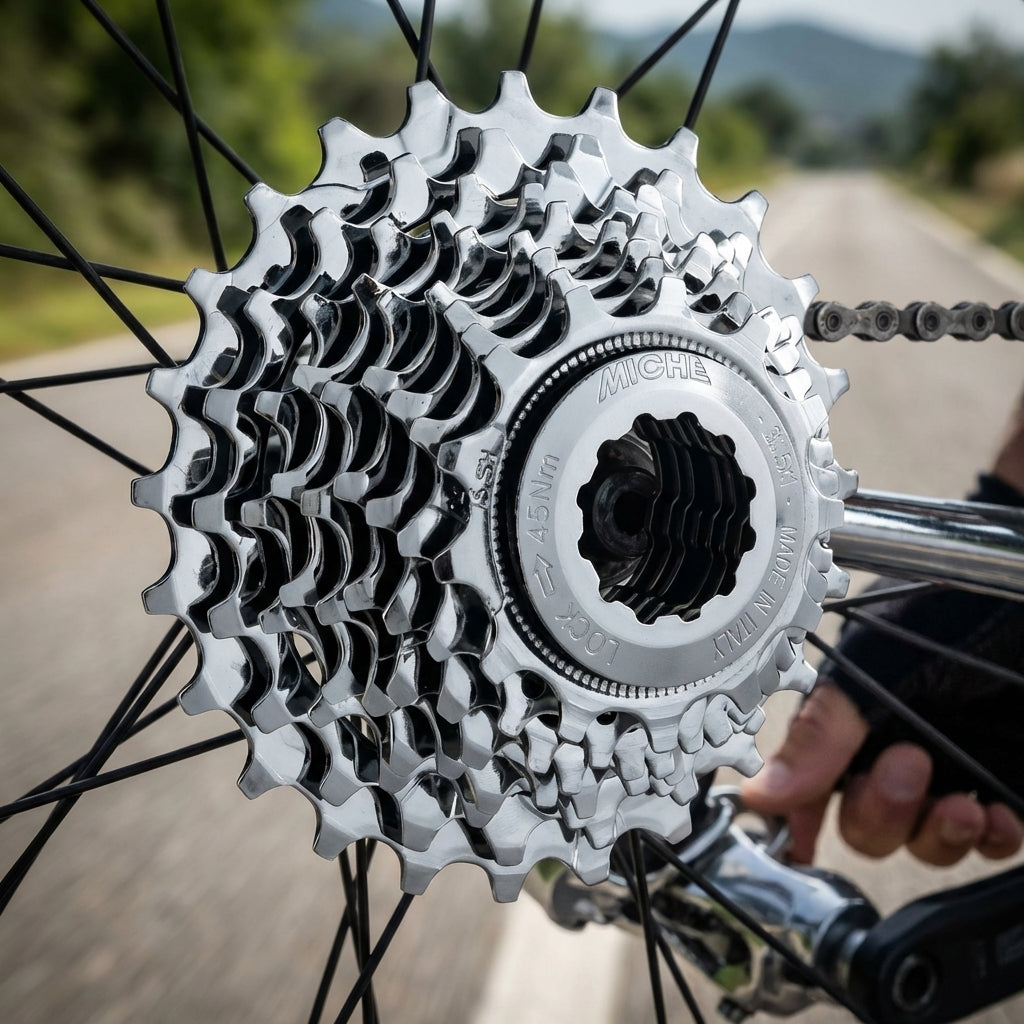 Chromglänzende Miche Primato 8-fach 16-23z Shimano Kassette am Fahrrad-Hinterrad auf der Straße.