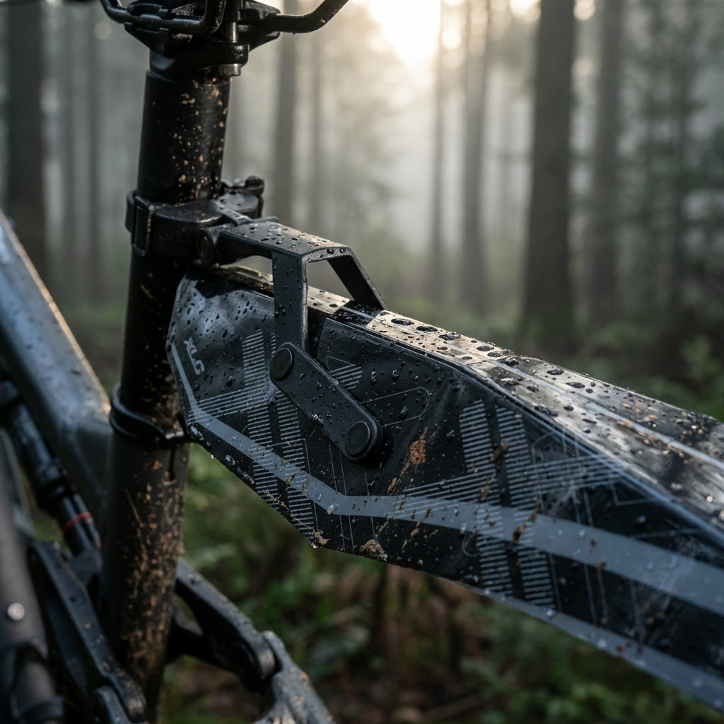 XLC Mudguard HR MG-C06 schwarz am Mountainbike im nebligen Wald, schützt vor Schlamm und Spritzwasser.