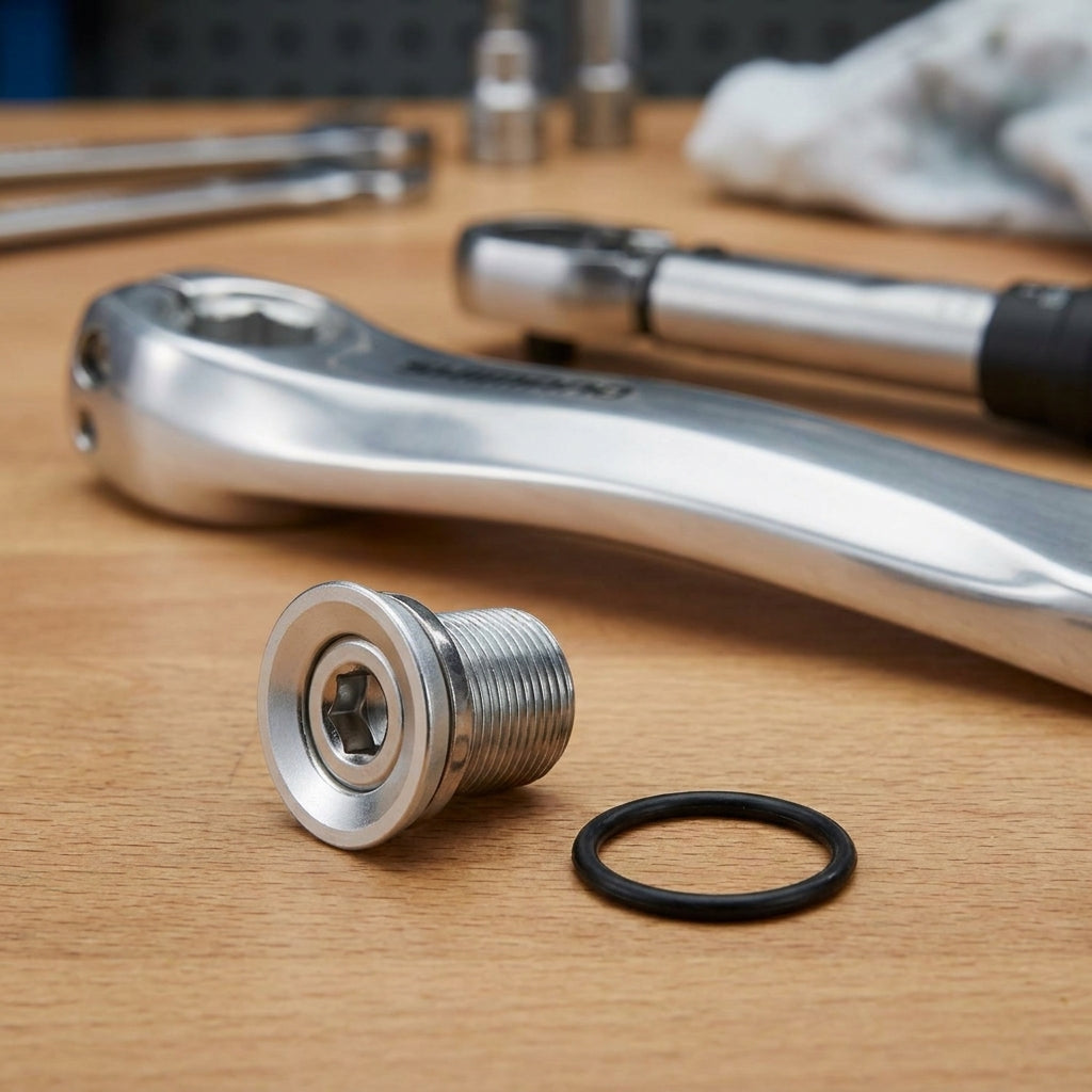 SHIMANO Kurbelbefestigungsschraube FC-R345 M8x1 Silber für sichere Kurbelmontage mit O-Ring und Kurbelarm.