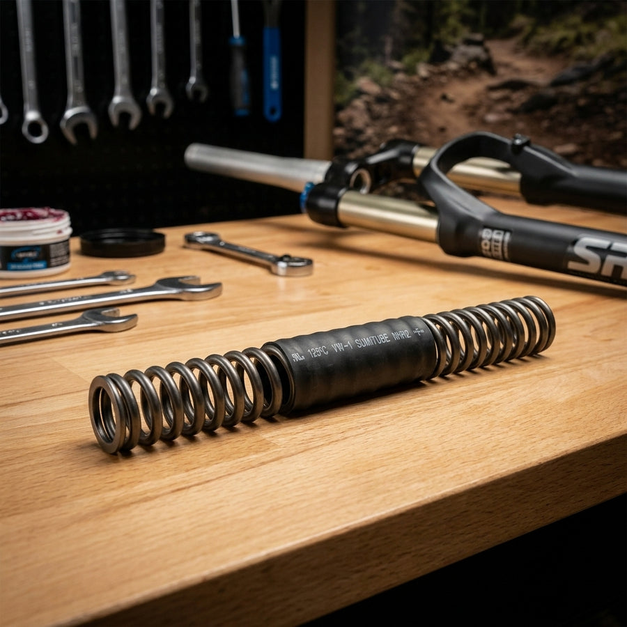 SR-Suntour Spiralfeder hart 100mm für SF14XCR-32-DS-RL-R-26 auf Werkbank mit Gabel.