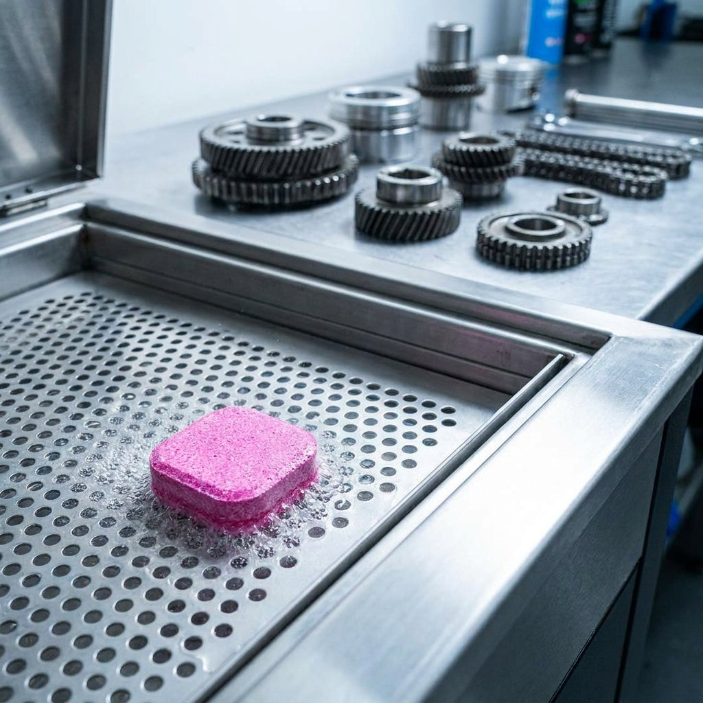 Muc Off Parts Washer Eco Tabs pink. Biologische Reinigungstabs für Werkstatt- und Fahrzeugteile. Effizient und umweltfreundlich.