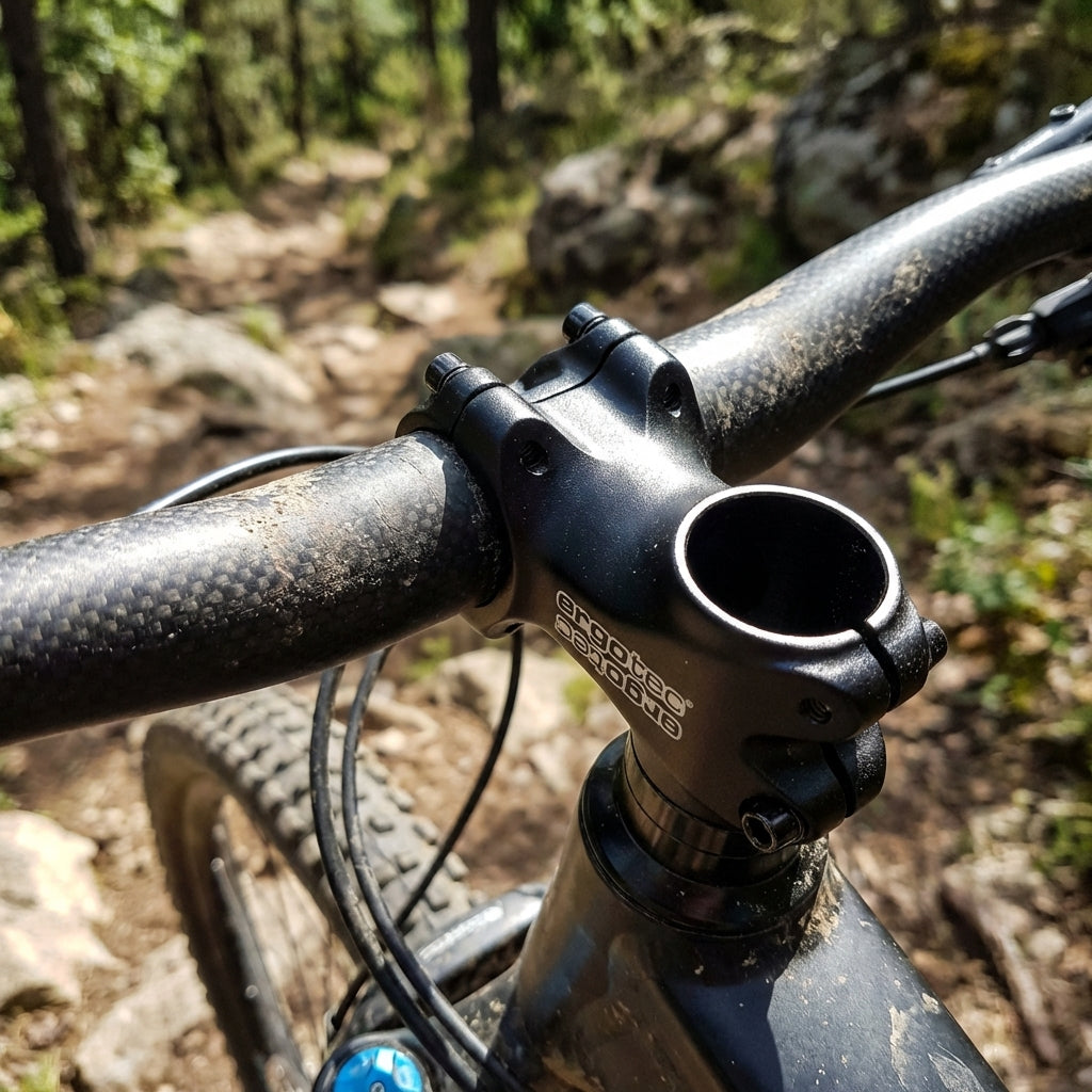 Ergotec AHEAD Vorbau Piranha Alu schwarz 50mm 6° am Carbon-Lenker eines Mountainbikes auf Waldweg.
