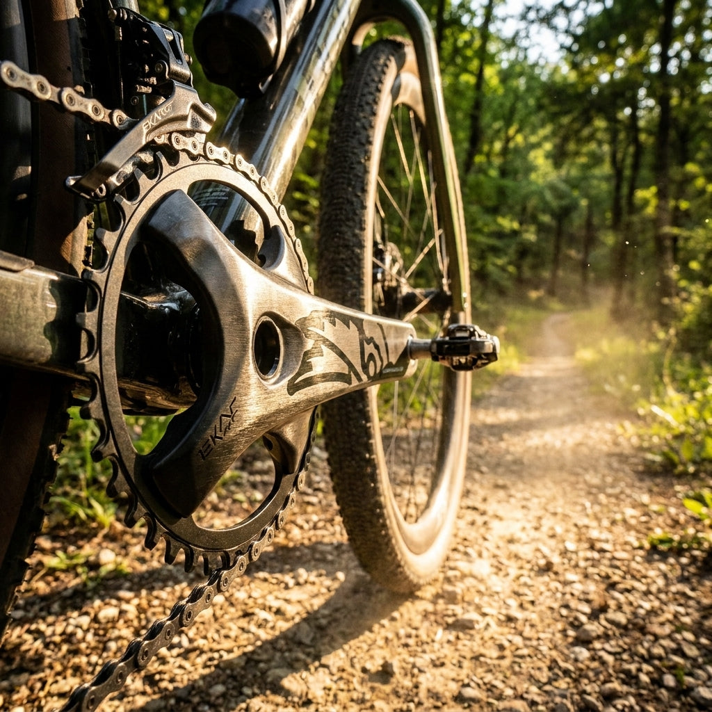 KRG Ekar GT 13s 44Z Kurbelgarnitur 172,5mm am Gravelbike auf sonnigem Waldweg mit aufgewirbeltem Staub.