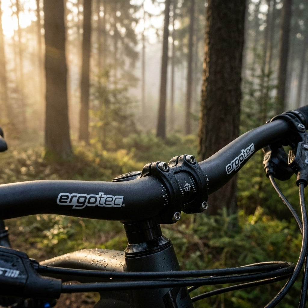 Ergotec Xtasy Low Riser Lenker aus schwarzem Alu 7050 für MTB und Trekking mit 640mm Breite und 10 Grad Winkel.