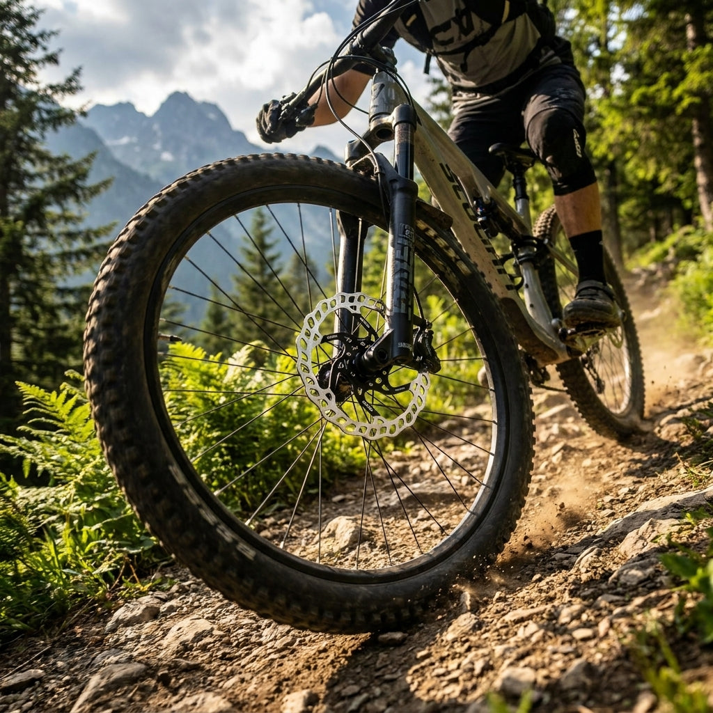 Galfer MTB Wave Bremsscheibe 160mm silber 6-Loch am Mountainbike auf bergigem Trail.