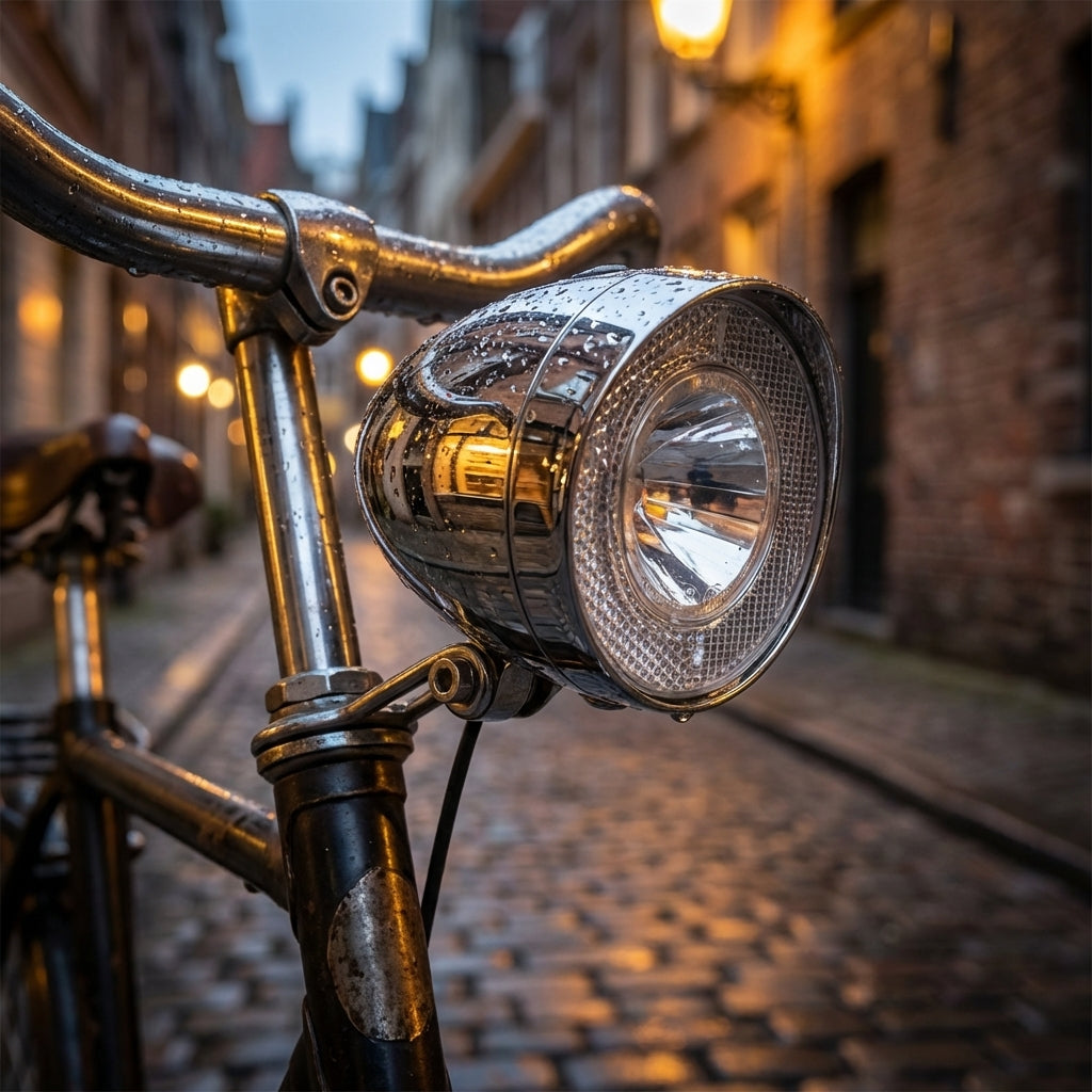 Marwi Akku-Scheinwerfer LED Stvzo, nass und chromglänzend am Fahrrad in beleuchteter Kopfsteinpflastergasse.