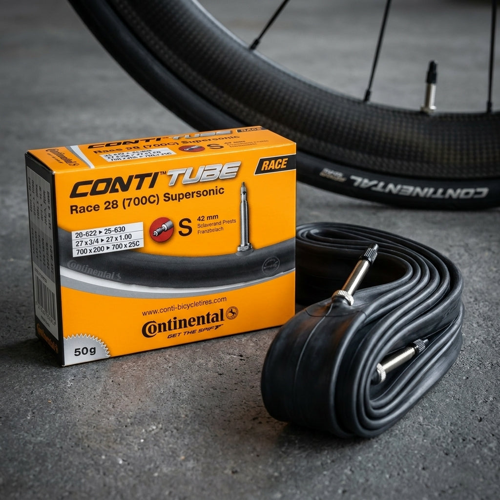 Continental Conti Tube Race 28 Supersonic Fahrradschlauch 700x20/25C SV 42mm mit Box und Schlauchrolle.
