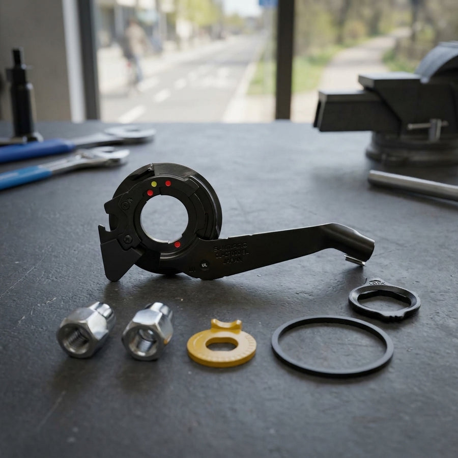 SHIMANO NEXUS CJ-C7000 5L Fahrradnabenschaltung Kleinteile und Schalteinheit auf Werkbank.