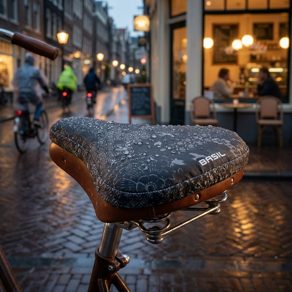 Basil Sattelüberzug Boheme saddle cover charcoal mit Wassertropfen auf Fahrradsattel in regnerischer Stadt.