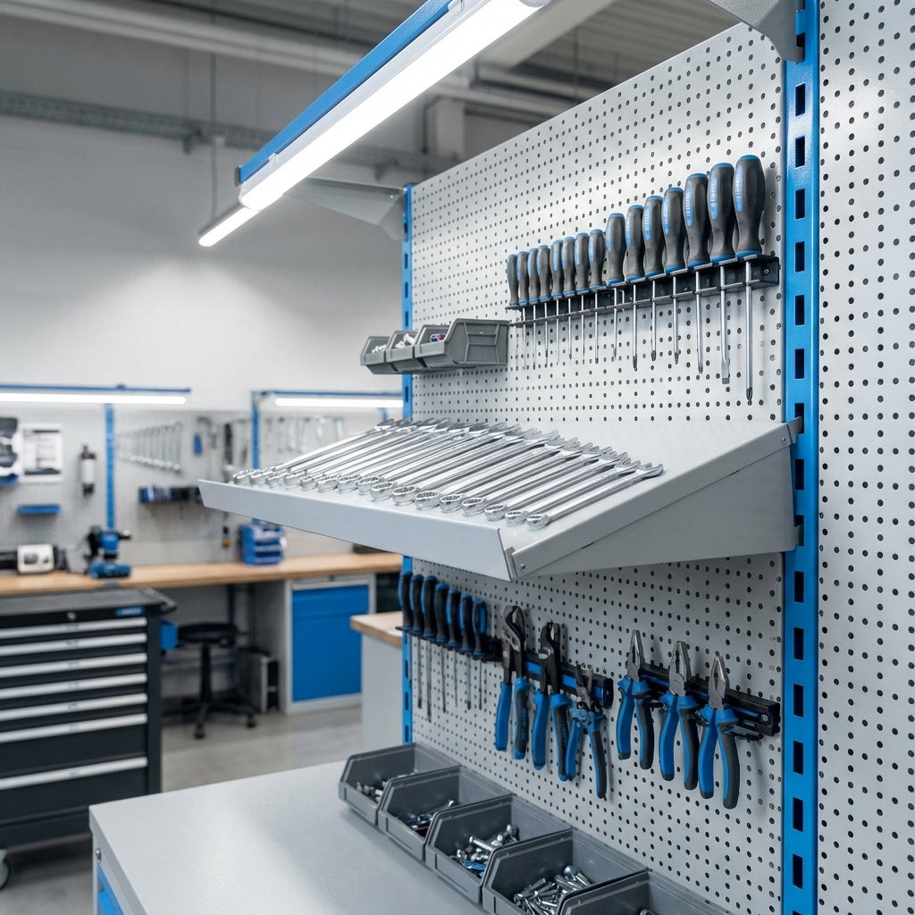 Unior Fachboden 990SHELF mit Träger, an Lochwand montiert und mit Schraubenschlüsseln in professioneller Werkstatt bestückt.