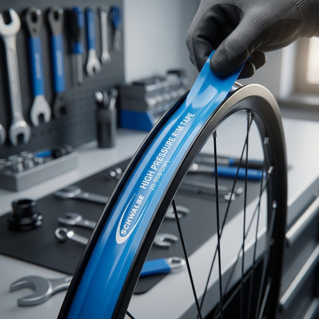 Schwalbe SUPER-HP Felgenband 20-559 (26") wird auf Fahrradfelge montiert.
