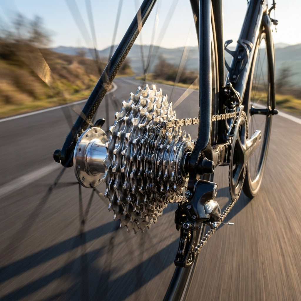 Miche Primato 10-fach Campa Kassette 16-25z am Rennrad-Hinterrad in Bewegung, Straße im Sonnenlicht.