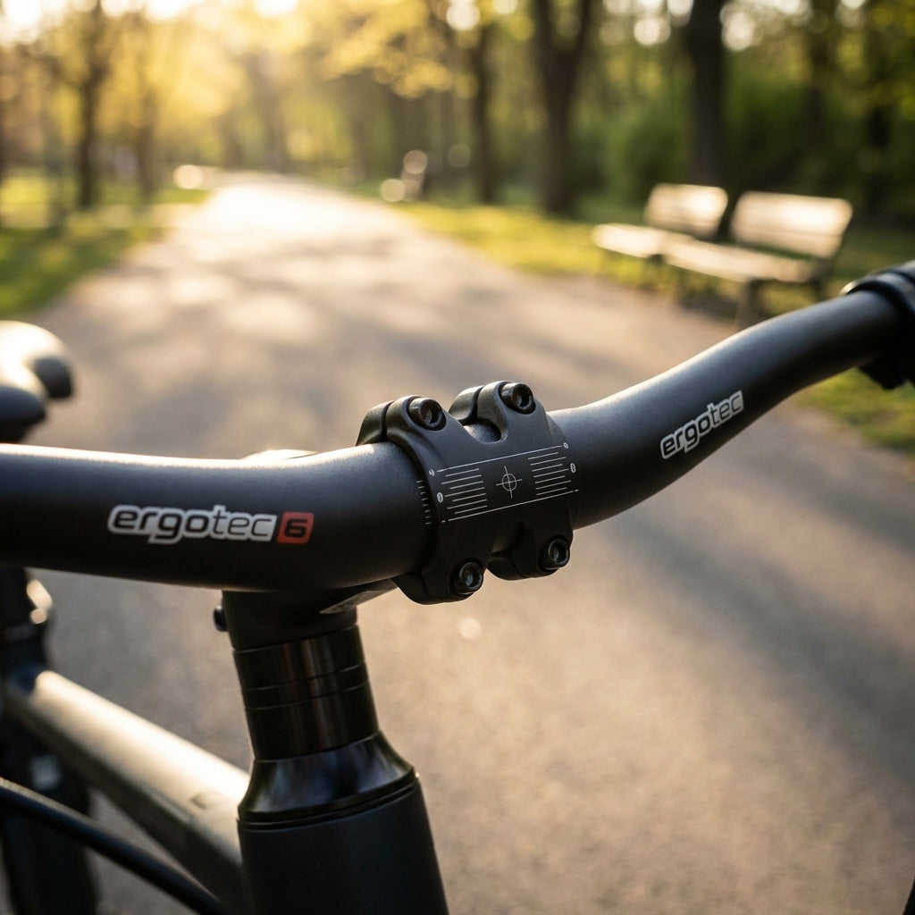 Ergotec Lenkerbügel Lady Town Alu schwarz matt am Fahrrad, Blick auf sonnigen Parkweg mit Bänken.
