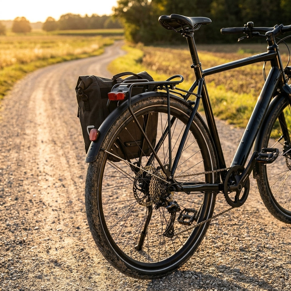 Racktime Light-It HR-Gepäckträger 28 Zoll schwarz am Fahrrad mit integriertem Rücklicht auf Schotterweg.