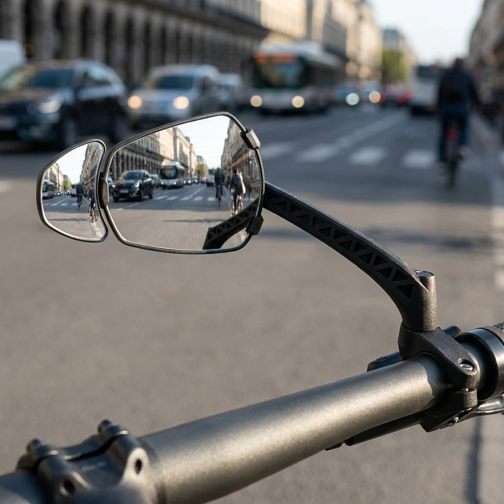 Zéfal Espion E100 Fahrradspiegel am Lenker, reflektiert belebte Straße mit Autos und Radfahrern für mehr Sicherheit.