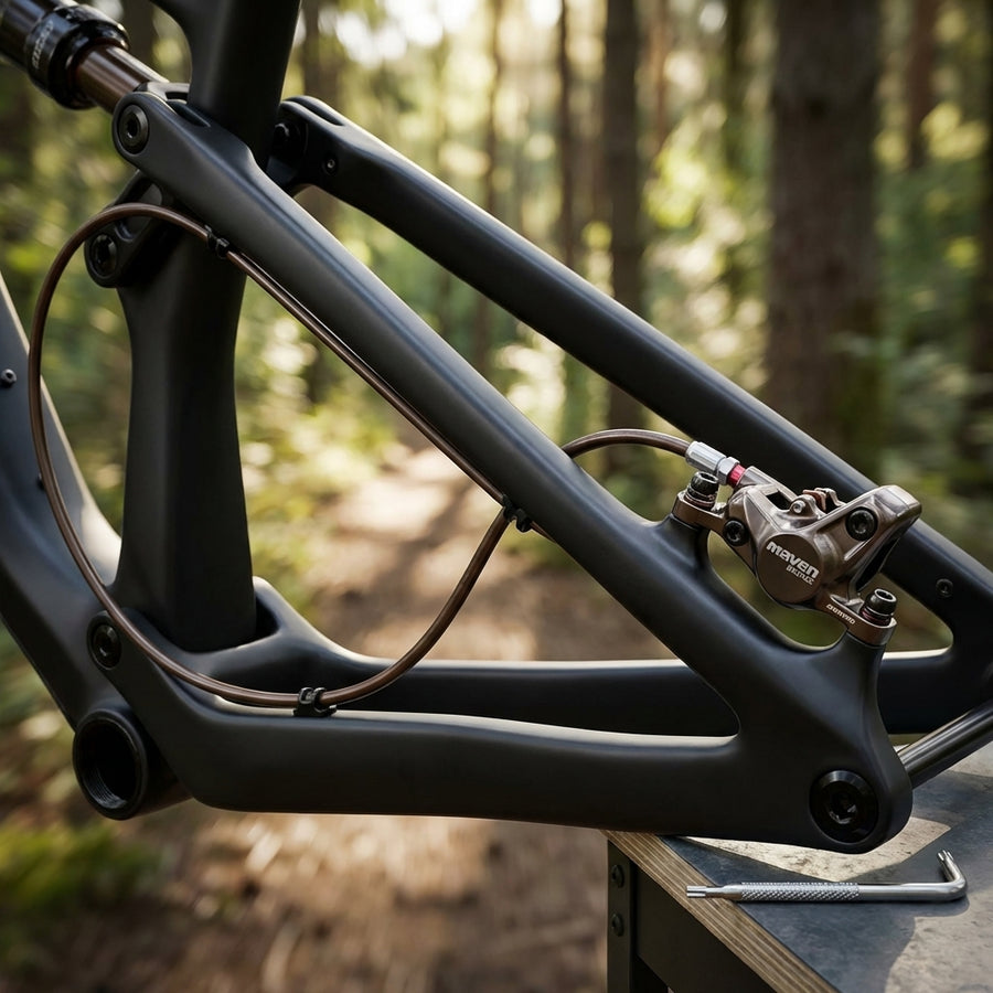 SRAM Maven Bronze Fahrradbremse mit Hydraulikleitung am Rahmen für zuverlässige Bremsleistung.