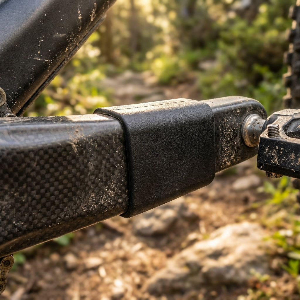 Zefal Kurbelschutz Crank Armor XL schwarz an Carbon-Fahrradkurbel, schützt vor Schmutz und Stößen auf dem Trail.