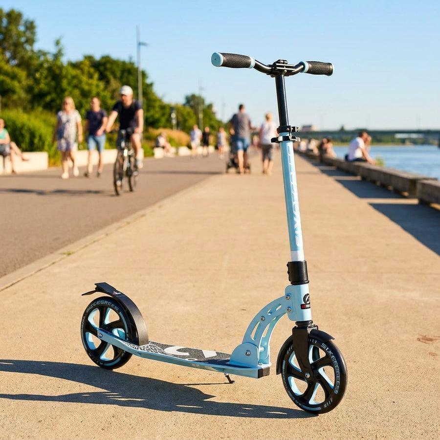 Scooter Six Degrees Aluminium SG pastell-blau 205mm am Flussufer.