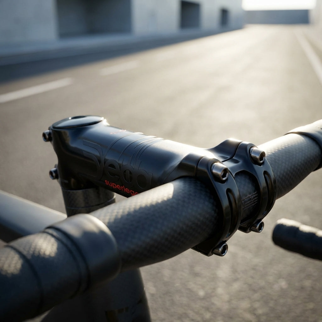 Deda Superleggero Vorbau 80mm, poliertes Schwarz, am Carbon-Rennrad auf Straße.