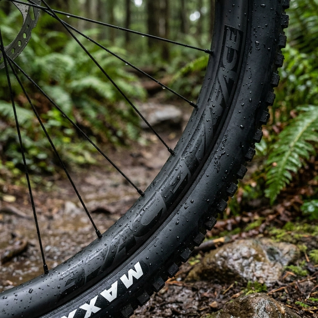 Race Face Laufrad mit schwarzen Decals auf nassem Mountainbike-Rad im Wald. Wassertropfen auf Reifen und Felge.