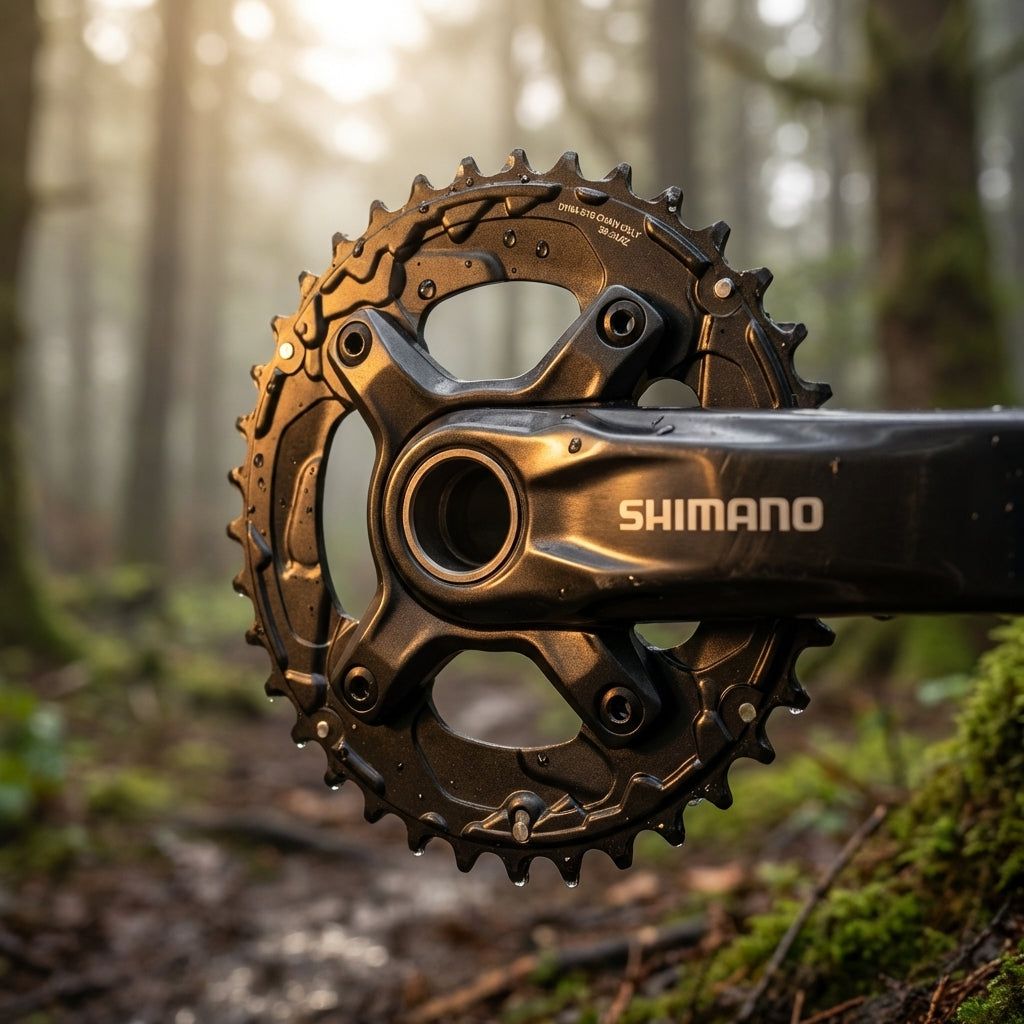 Feuchtes SHIMANO DEORE FC-M617 Kettenblatt 38 Zähne für 2x10-fach Antrieb, im nebligen Wald.