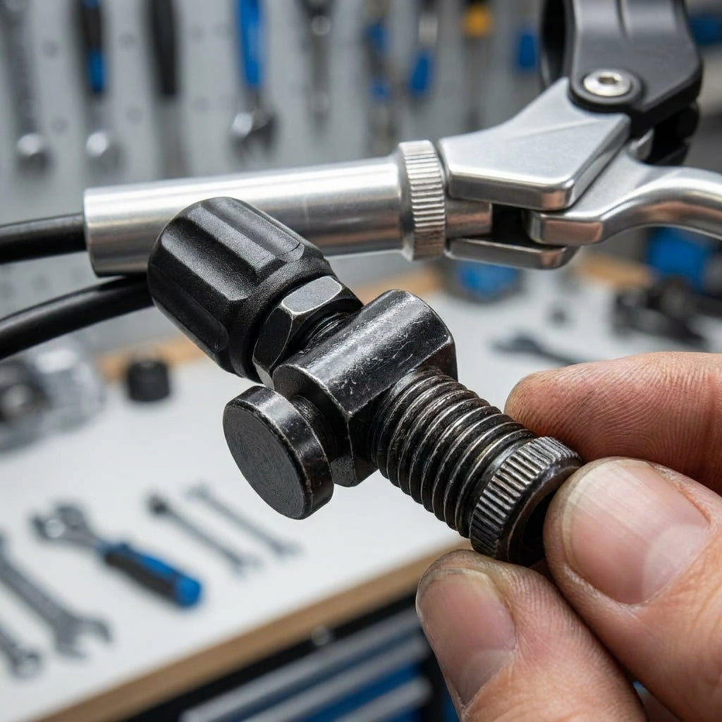 SHIMANO Einstellschraube für Bremszug am Fahrrad, von Hand gehalten, mit Lenker und Werkzeugen im Hintergrund.