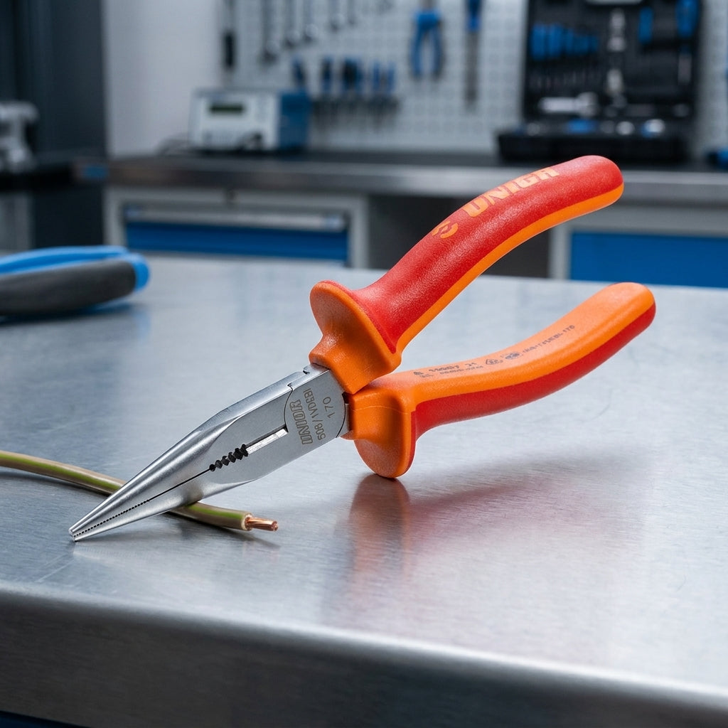 Unior 508-1VDEBI Flachrundzange mit Schneide 61mm rot auf Werkbank mit abisoliertem Kabel.