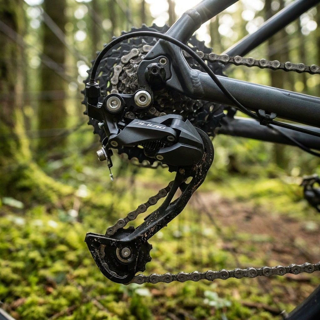 SHIMANO ALIVIO RD-M3100 9-fach Schaltwerk an Mountainbike im Wald, leicht verschmutzt.