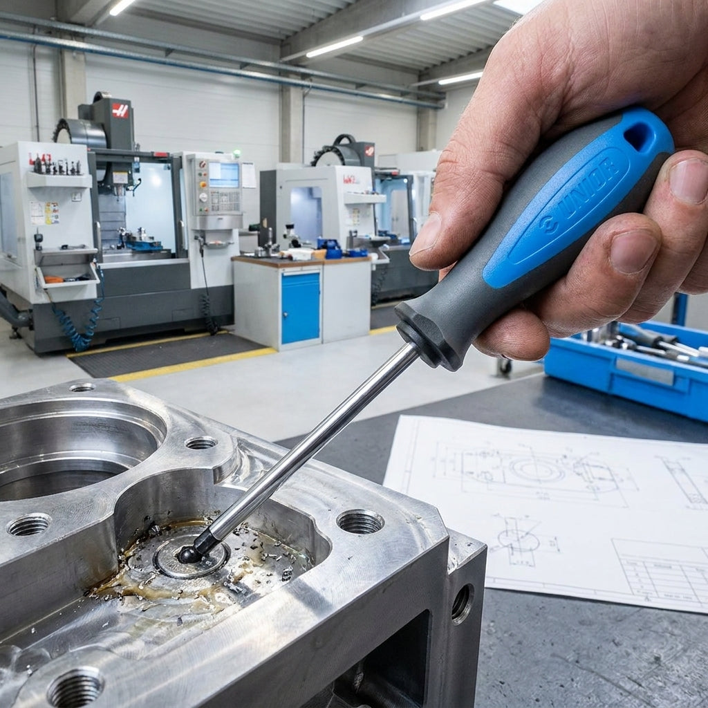 Unior Innensechskant-Schraubendreher 4mm Kugelkopf mit 3-Komponenten Griff in Hand an Metallteil in Werkstatt.