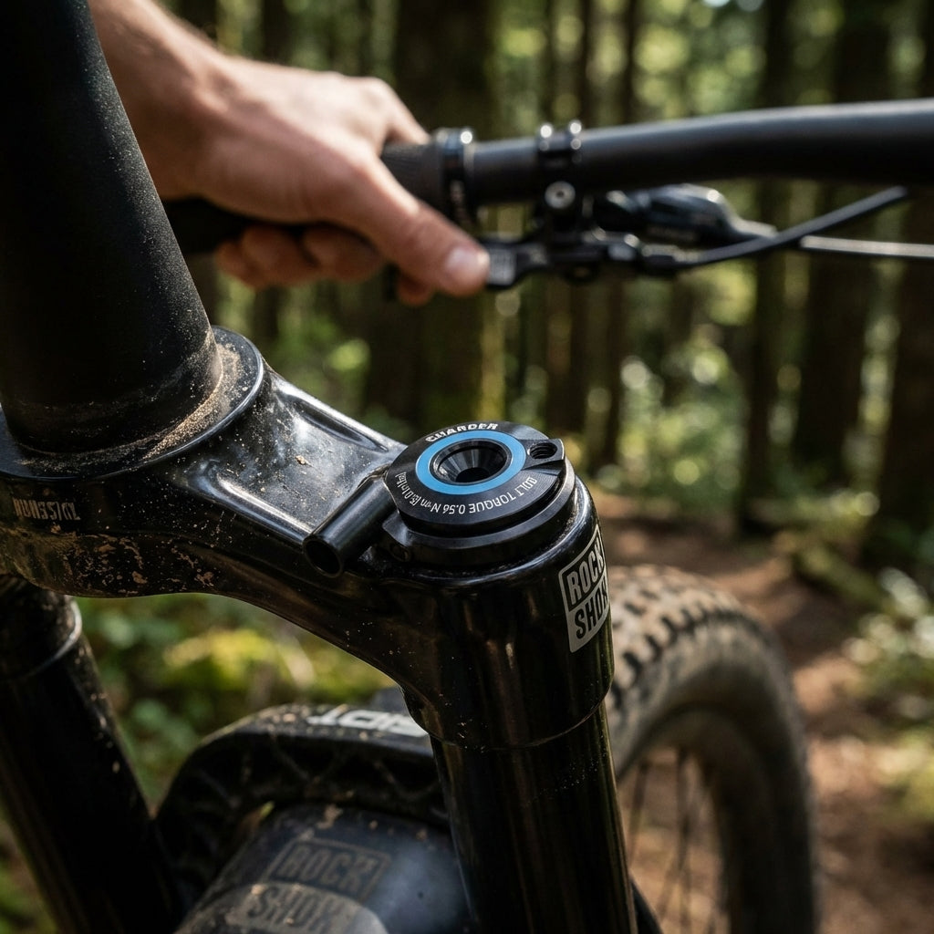 RockShox RemoteCharger RL 3pos Dämpfer KnobKit an Mountainbike Gabel mit Hand am Lenker im Wald.
