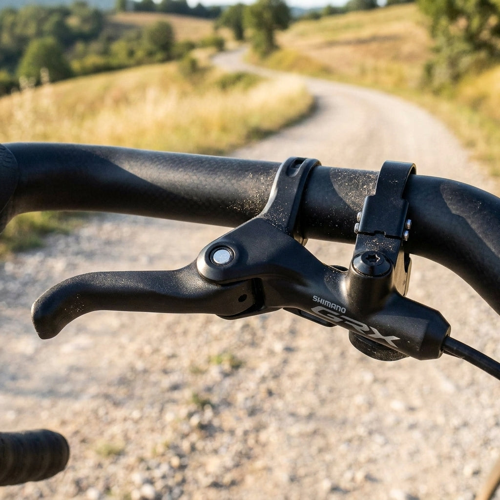 SHIMANO GRX Bremshebel BL-RX812 am Lenker eines Gravelbikes auf einem kurvigen Schotterweg.