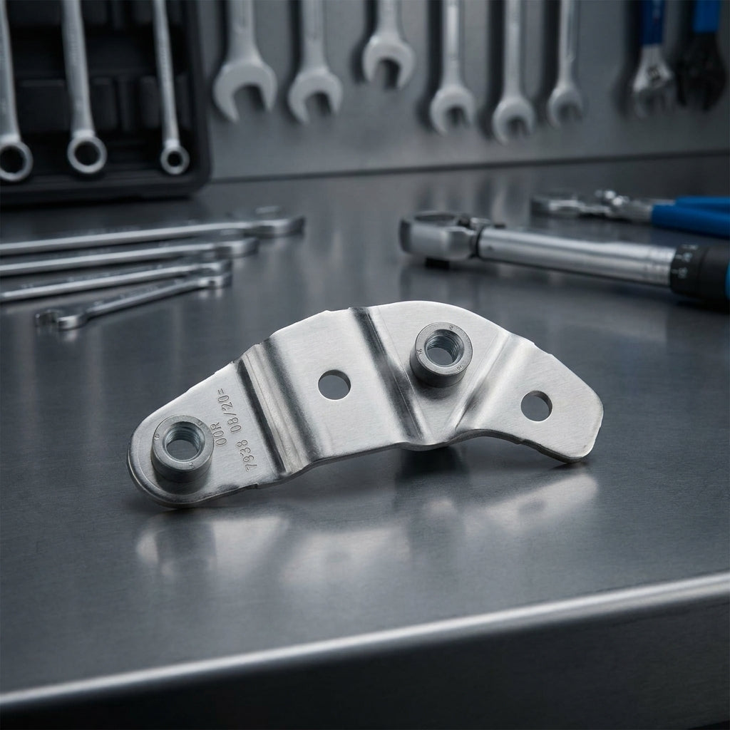 Bosch Montageplatte, lang rechts, stabile Metallhalterung für Bosch-Antriebe auf Werkbank.