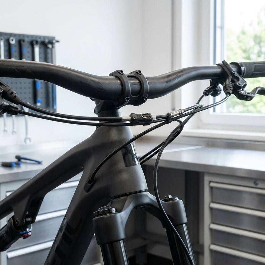 Schwarzes Mountainbike mit MAGURA MCi Bremsleitung inkl. EASY LINK, präzise intern verlegt.
