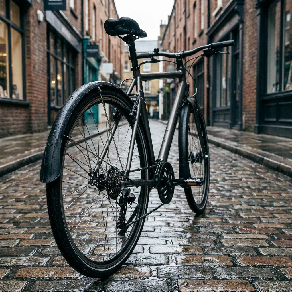 SKS Bluemels Matt 53 Schutzblech-Set (schwarz matt) an 28" Fahrrad auf nasser Kopfsteinpflasterstraße.