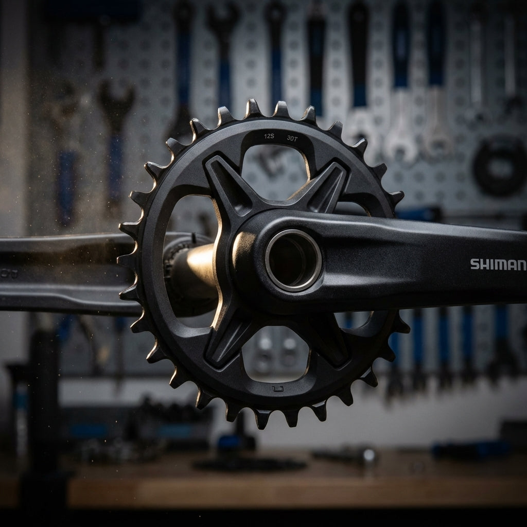 Nahaufnahme SHIMANO Kettenblatt FC-MT610 30 Zähne an MTB-Kurbel vor Werkzeugwand in einer Fahrradwerkstatt.