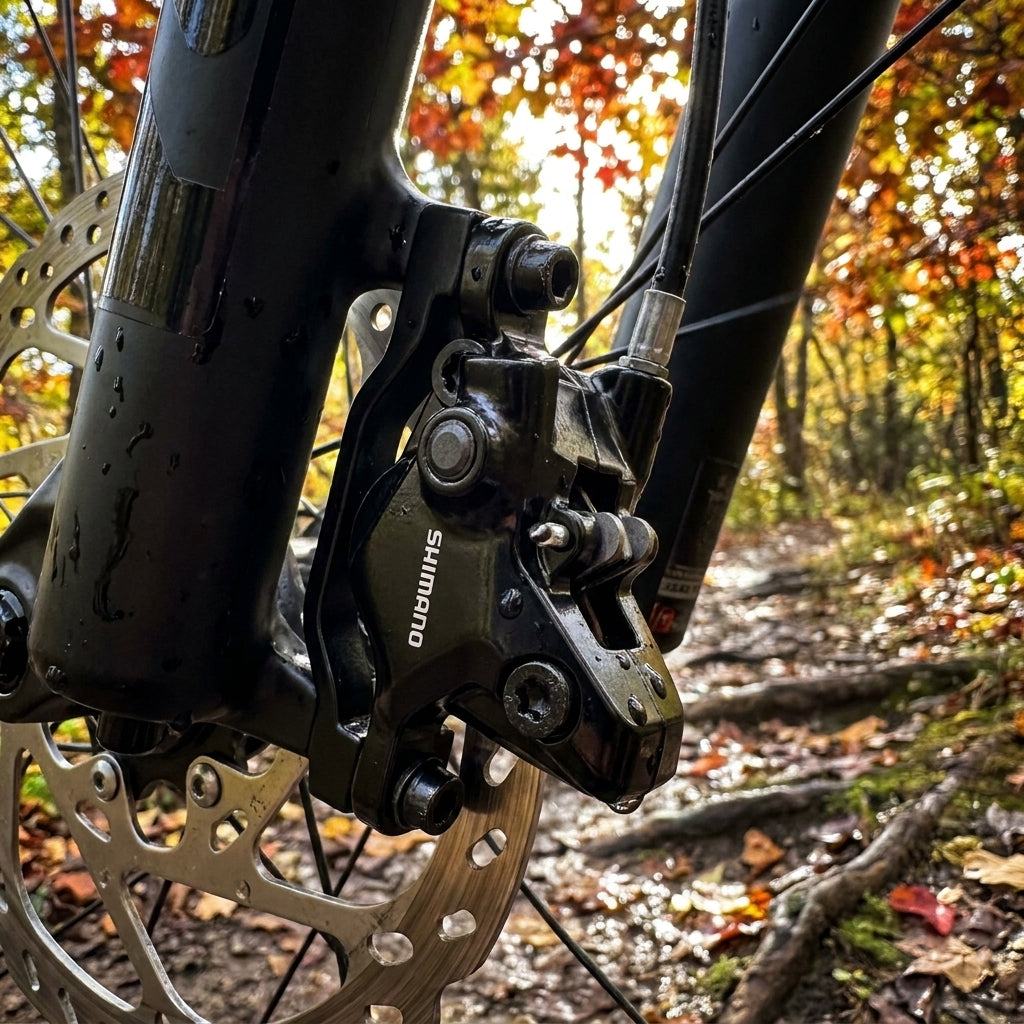 SHIMANO BR-MT410 2-Kolben Postmount Bremssattel für hydraulische Scheibenbremsen am Mountainbike auf nassem Waldweg.