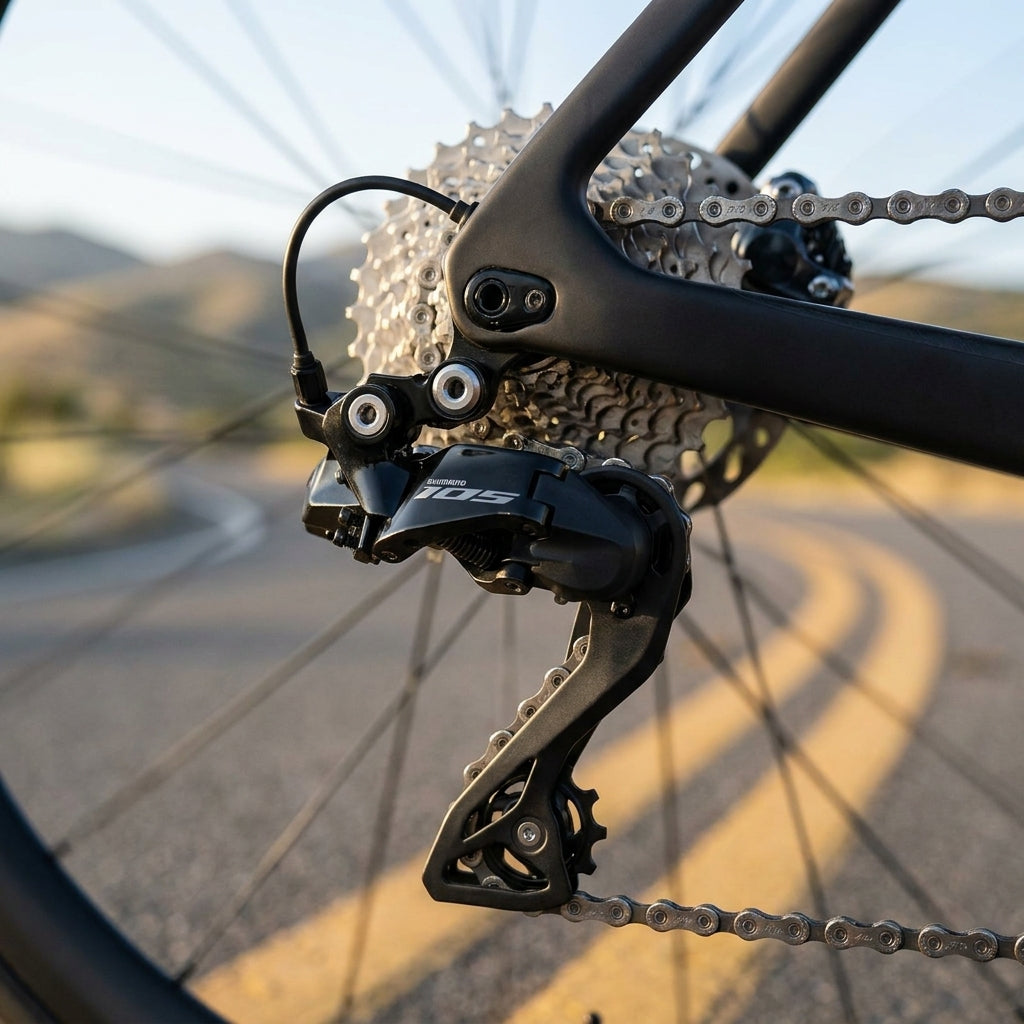 SHIMANO 105 Di2 RD-R7150 12-fach Schaltwerk am Fahrrad, präzises Schalten mit aktueller Technik auf kurviger Straße.